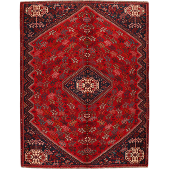 Shiraz Persian Rug 7'2" x 5'7" - Semi Antique Geometric Blue, Red Hand Knotted | front view | SKU 111476