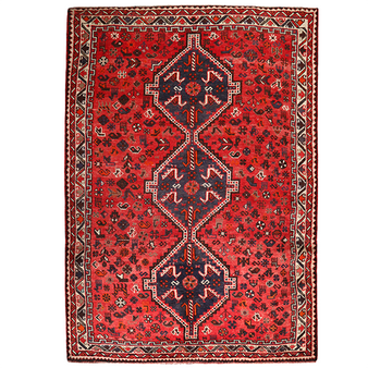 Shiraz Persian Rug 9x6 ft - Semi Antique Geometric, Tribal and Nomadic Madder Red, Dark Red, Navy Blue Hand Knotted | front view | SKU 111479