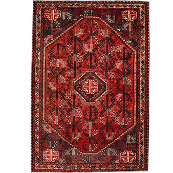 Shiraz Persian Rug 9x6 ft - Semi Antique Geometric Blue, Red Hand Knotted | front view | SKU 111480