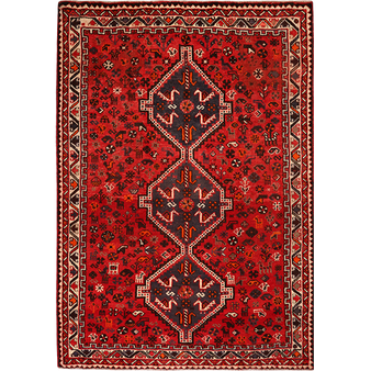 Shiraz Persian Rug 9x6 ft - Semi Antique Geometric, Gol Farang Madder Red, Dark Red, Cream Hand Knotted | front view | SKU 111482