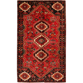 Shiraz Persian Rug 8x4 ft - Semi Antique Medallion (Toranj), Geometric Dark Red, Madder Red, Black Hand Knotted | front view | SKU 111483