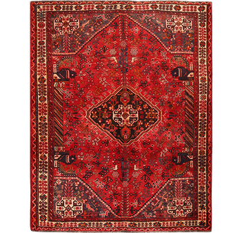 Shiraz Persian Rug 7x5 ft - Semi Antique Geometric Blue, Red Hand Knotted | front view | SKU 111485