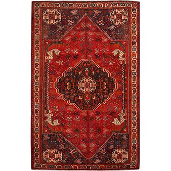 Shiraz Persian Rug 10x6 ft - Semi Antique Medallion (Toranj), Geometric Madder Red, Dark Red, Cream Hand Knotted | front view | SKU 111486