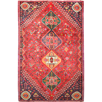 Shiraz Persian Rug 8'7" x 5'7" - Semi Antique Geometric Blue, Red Hand Knotted | front view | SKU 111487