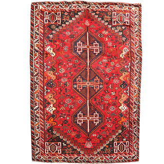 Shiraz Persian Rug 8'6" x 5'10" - Semi Antique Geometric Blue, Red Hand Knotted | front view | SKU 111491