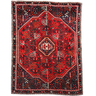 Shiraz Persian Rug 6'11" x 5'3" - Semi Antique Geometric Blue, Red Hand Knotted | front view | SKU 111492