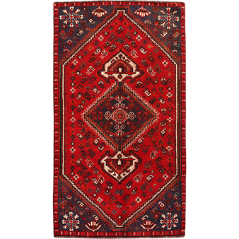 Shiraz Persian Rug 7x3 ft - Semi Antique Geometric Blue, Red Hand Knotted | front view | SKU 111494