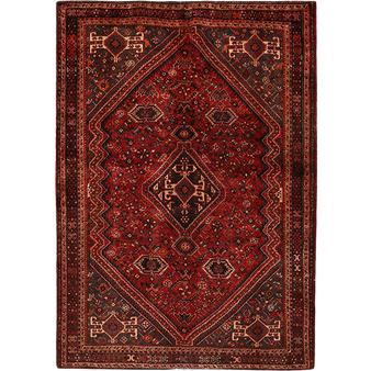 Shiraz Persian Rug 7x5 ft - Semi Antique Geometric Blue, Red Hand Knotted | front view | SKU 111496