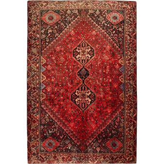 Shiraz Persian Rug 8x5 ft  Semi Antique Geometric Blue, Red Hand Knotted | front view | SKU 111497
