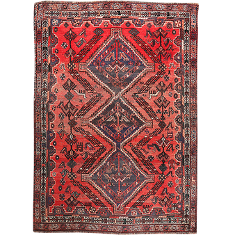 Shiraz Persian Rug 8'8" x 5'12" - Semi Antique Geometric Blue, Red Hand Knotted | front view | SKU 111499
