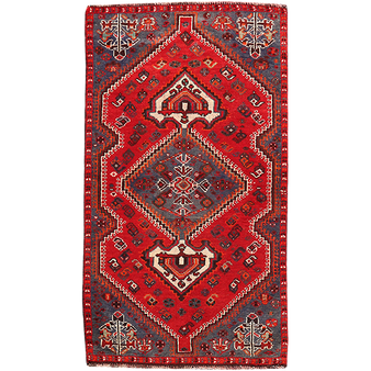 Shiraz Persian Rug 6'7" x 3'5" - Semi Antique Geometric Blue, Red Hand Knotted | front view | SKU 111502