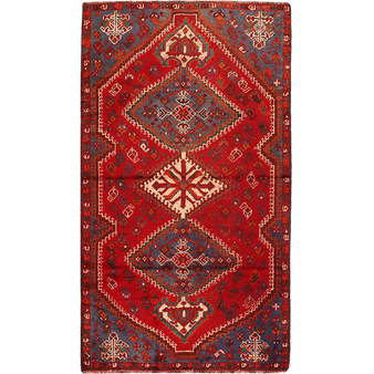 Shiraz Persian Rug 6'12" x 3'9" - Semi Antique Geometric Blue, Red Hand Knotted | front view | SKU 111503