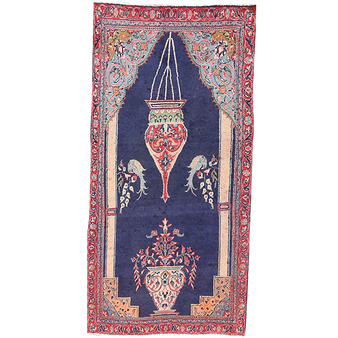 Semnan Persian Rug 6x3 ft  Semi Antique Medallion Crimson, Navy Blue Hand Knotted | front view | SKU 111506