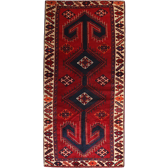 Shiraz Persian Rug 8'7" x 3'11" - Semi Antique Geometric Blue, Red Hand Knotted | front view | SKU 111512