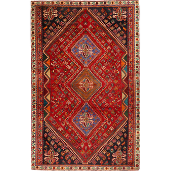 Shiraz Persian Rug 8x5 ft  Semi Antique Geometric Blue, Red Hand Knotted | front view | SKU 111515