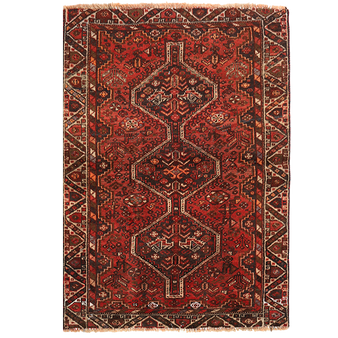 Shiraz Persian Rug 4x3 ft  Semi Antique Geometric Blue, Red Hand Knotted | front view | SKU 111516