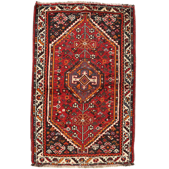 Shiraz Persian Rug 4x2 ft - Semi Antique Geometric Blue, Red Hand Knotted | front view | SKU 111519
