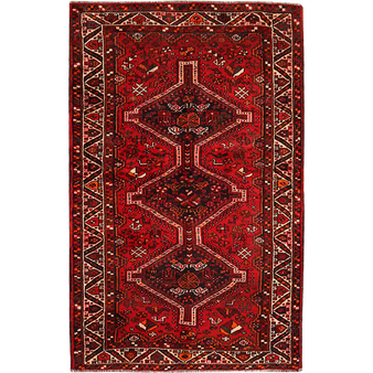 Shiraz Persian Rug 6'8" x 4'1" - Semi Antique Geometric Blue, Red Hand Knotted | front view | SKU 111520