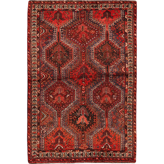 Shiraz Persian Rug 5x3 ft - Semi Antique Geometric Blue, Red Hand Knotted | front view | SKU 111521