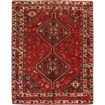 Shiraz Persian Rug 6x4 ft - Semi Antique Medallion Geometric Madder Red, Cream, Dark Red Hand Knotted | front view | SKU 111522