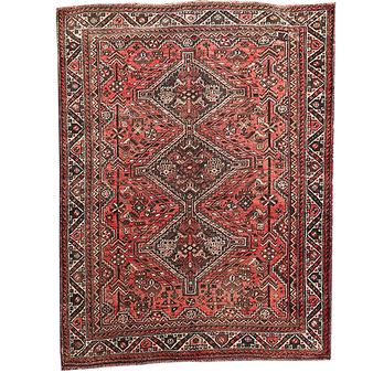 Shiraz Persian Rug 6x4 ft - Semi Antique Medallion Geometric Madder Red, Dark Red, Cream Hand Knotted | front view | SKU 111526