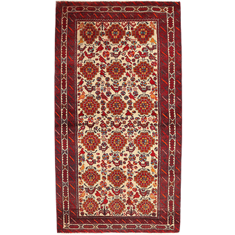 Baluch Persian Rug 5x3 ft - Semi Antique Afshan (All-Over), Herati (Mahi) Cream, Madder Red, Burgundy Hand Knotted | front view | SKU 111527