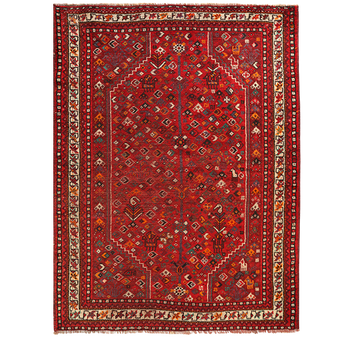 Shiraz Persian Rug 5'0" x 3'6" - Semi Antique Geometric Blue, Red Hand Knotted | front view | SKU 111528