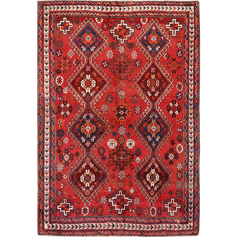 Shiraz Persian Rug 7x5 ft - Semi Antique Geometric Blue, Red Hand Knotted | front view | SKU 111530