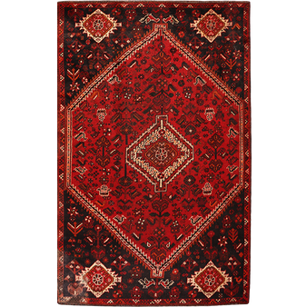 Shiraz Persian Rug 8'6" x 5'1" - Semi Antique Geometric Blue, Red Hand Knotted | front view | SKU 111532