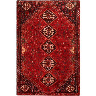 Shiraz Persian Rug 8x5 ft - Semi Antique Geometric, Gol Farang Madder Red, Crimson, Ivory Hand Knotted | front view | SKU 111534