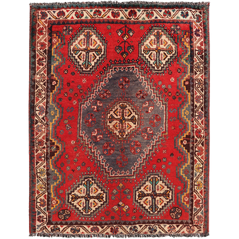 Shiraz Persian Rug 4x3 ft - Semi Antique Geometric Blue, Red Hand Knotted | front view | SKU 111535