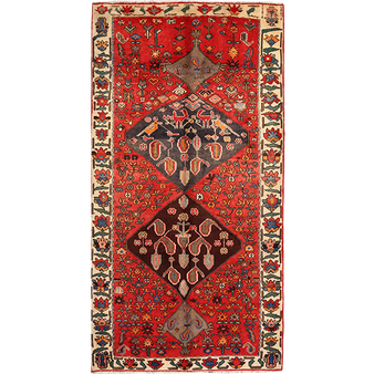 Bakhtiari Persian Rug 9'9" x 4'9" - Semi Antique Medallion Blue, Crimson Hand Knotted | front view | SKU 111538