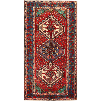 Isfahan Persian Rug 10x5 ft - Semi Antique Geometric, Medallion (Toranj) Madder Red, Cream, Navy Blue Hand Knotted | front view | SKU 111539
