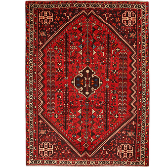 Shiraz Persian Rug 8'0" x 5'8" - Semi Antique Geometric Blue, Red Hand Knotted | front view | SKU 111543