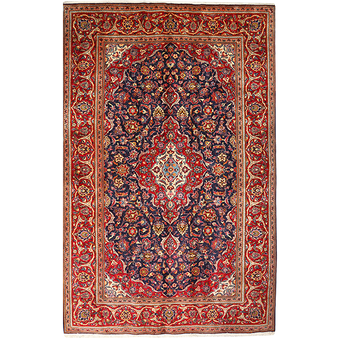 Kashan Persian Rug 10'5" x 6'9" - Semi Antique Medallion Crimson, Navy Blue Hand Knotted | front view | SKU 111550
