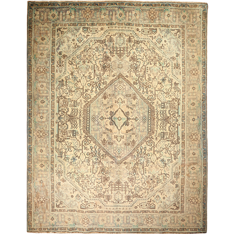 Tabriz Persian Rug 12x9 ft - Semi Antique Medallion Toranj, Shah Abbasi Cream, Beige, Camel Hand Knotted | front view | SKU 111554