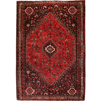 Shiraz Persian Rug 10'2" x 7'1" - Semi Antique Geometric Blue, Red Hand Knotted | front view | SKU 111556