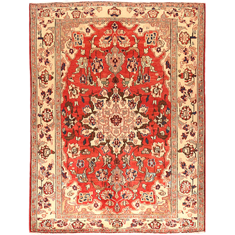 Isfahan Persian Rug 6x5 ft - Semi Antique Medallion Toranj, Shah Abbasi Crimson, Cream, Navy Blue Hand Knotted | front view | SKU 111557