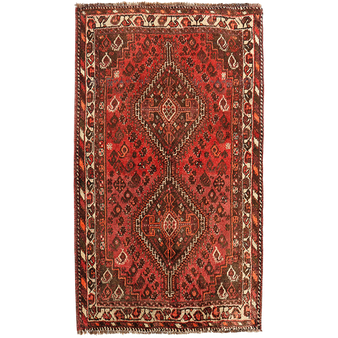Shiraz Persian Rug 5x3 ft - Semi Antique Medallion Geometric Madder Red, Dark Red, Cream Hand Knotted | front view | SKU 111558