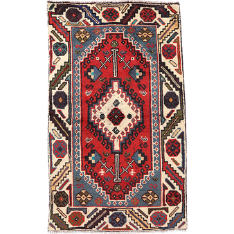 Shiraz Persian Rug 5'3" x 3'1" - Semi Antique Geometric Blue, Red Hand Knotted | front view | SKU 111559