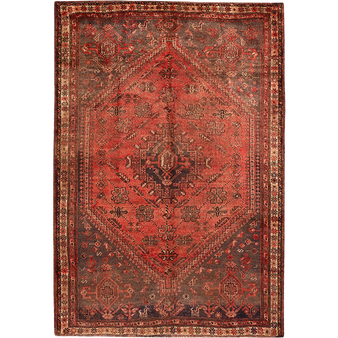 Shiraz Persian Rug 8x5 ft - Semi Antique Medallion (Toranj), Geometric Madder Red, Brick Red, Dark Red Hand Knotted | front view | SKU 111560
