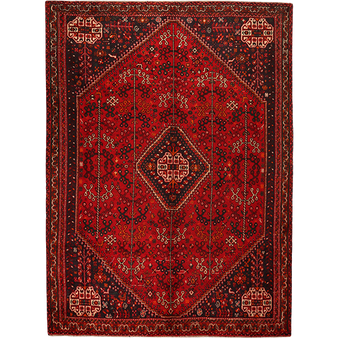 Shiraz Persian Rug 9'3" x 6'7" - Semi Antique Geometric Blue, Red Hand Knotted | front view | SKU 111561
