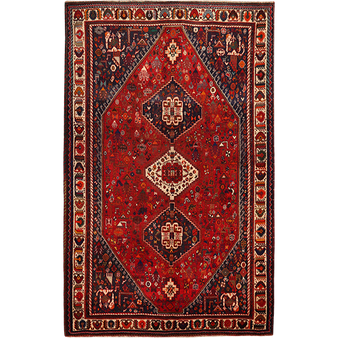 Shiraz Persian Rug 9'4" x 5'8" - Semi Antique Geometric Blue, Red Hand Knotted | front view | SKU 111562