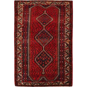 Shiraz Persian Rug 8'8" x 5'7" - Semi Antique Geometric Blue, Red Hand Knotted | front view | SKU 111564