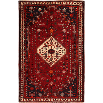 Shiraz Persian Rug 8x5 ft - Semi Antique Geometric Blue, Red Hand Knotted | front view | SKU 111566