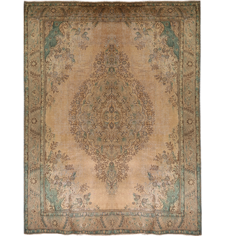 Tabriz Persian Rug 12x9 ft - Semi Antique Shah Abbasi, Medallion (Toranj) Camel, Sage Green, Brown Hand Knotted | front view | SKU 111572