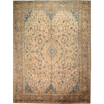 Tabriz Persian Rug 12x9 ft - Semi Antique Medallion Red, Cream Hand Knotted | front view | SKU 111573