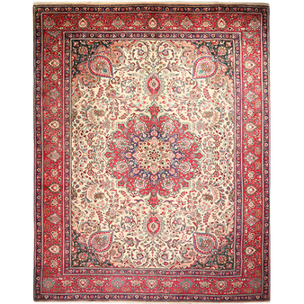 Tabriz Persian Rug 12x9 ft - Semi Antique Medallion Red, Cream Hand Knotted | front view | SKU 111574