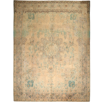 Tabriz Persian Rug 12x9 ft - Semi Antique Medallion (Toranj), Afshan (All-Over) Beige, Sage Green, Taupe Hand Knotted | front view | SKU 111577