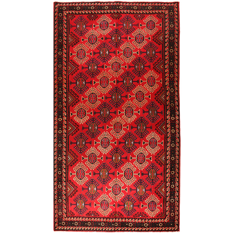 Baluch Persian Rug 9x4 ft - Semi Antique Mihrab Red, Blue Hand Knotted | front view | SKU 111603
